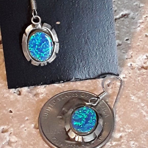 Native American Fiery Blue & Green Lab Opal Sterling Dangle Earrings - Picture 2 of 4
